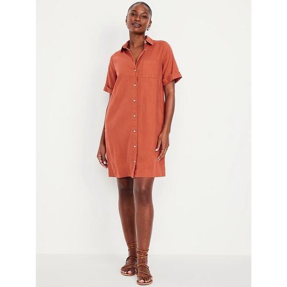 Old Navy XXL Linen Blend Button Front Casual Shirt Dress Pockets Rust 2XL - Picture 13 of 13